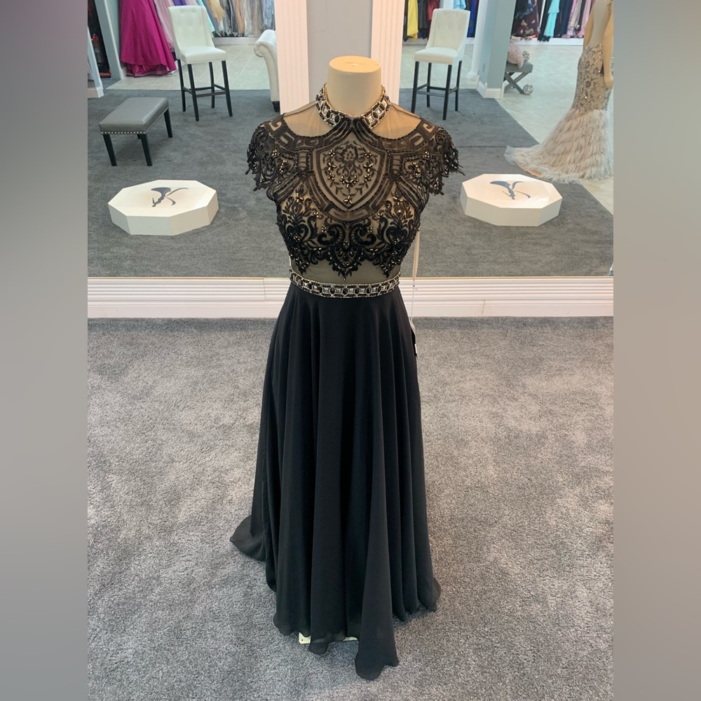 Size 4. black nude undertone. high neck. elegant. beaded top. sheer bottom